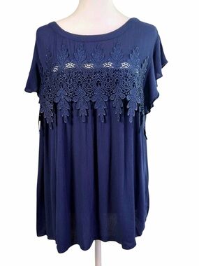 My Michelle Navy Blue Crochet Lace Yoke Flutter Sleeve Tunic Top  Size L